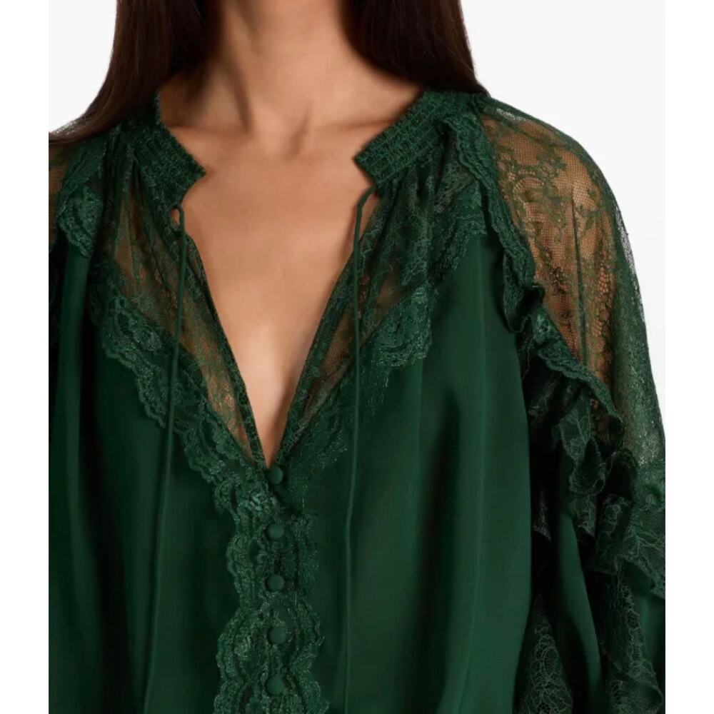 Alice + Olivia Aleena Lace Ruffled Blouse Green Mystique XS - Picture 5 of 10